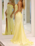 Lemon Yellow Strapless Straight Neck Satin Mermaid Prom Dress with 3D Floral Ruffle Neckline Side High Slit Lace-Up Corset Back Vertical Ruching and Sweep Train