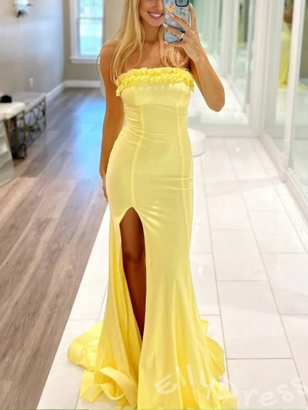 Lemon Yellow Strapless Straight Neck Satin Mermaid Prom Dress with 3D Floral Ruffle Neckline Side High Slit Lace-Up Corset Back Vertical Ruching and Sweep Train