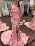 Lemon Yellow Strapless Straight Neck Satin Mermaid Prom Dress with 3D Floral Ruffle Neckline Side High Slit Lace-Up Corset Back Vertical Ruching and Sweep Train