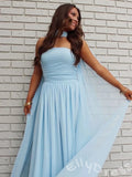 Ice Blue One Shoulder Choker Neck Chiffon A-Line Prom Dress with Diagonal Ruched Bodice Cinched Waist Cape Sleeve and Lace-Up Back