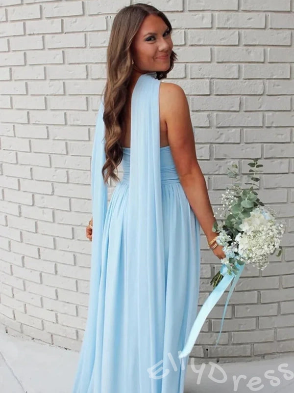 Ice Blue One Shoulder Choker Neck Chiffon A-Line Prom Dress with Diagonal Ruched Bodice Cinched Waist Cape Sleeve and Lace-Up Back