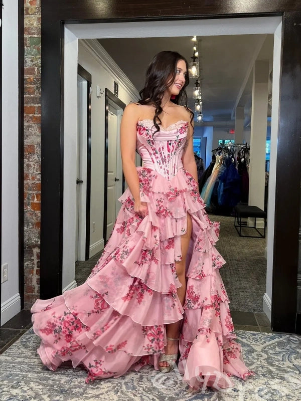 Cream Pink Rose Floral Print Strapless Sweetheart Sheer Boned Corset Bodice Seven-Tier Ruffle A-Line Prom Dress with 3D Rose Flower Detail Front High Slit and White Lace-Up Back