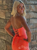 Hot Pink Strapless Corset Glitter Mermaid Prom Dress with Pleated Bust Side Ruffle High Slit Lace-Up Back and Sweep Train