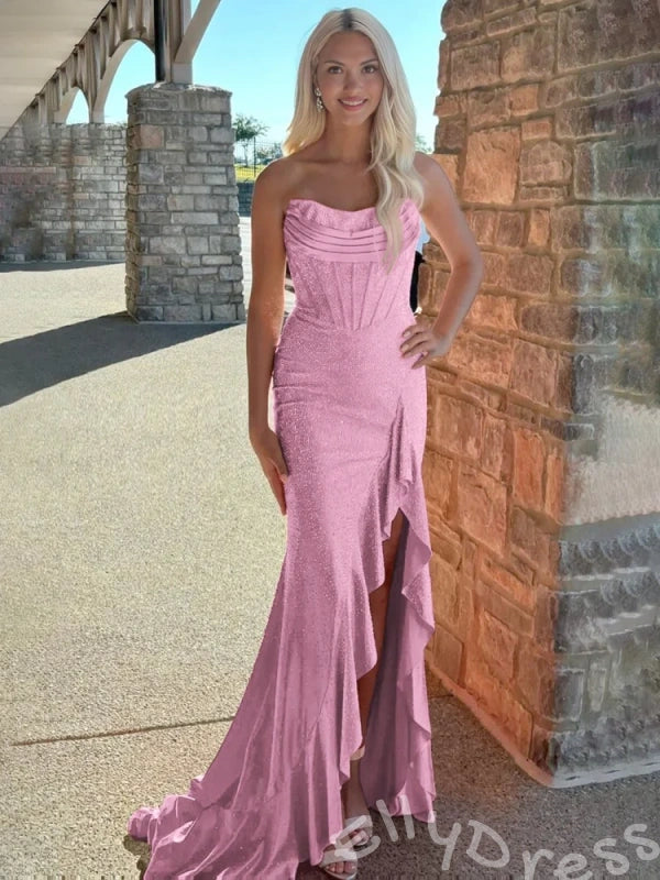 Hot Pink Strapless Corset Glitter Mermaid Prom Dress with Pleated Bust Side Ruffle High Slit Lace-Up Back and Sweep Train