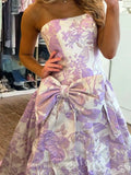 Lavender Floral Print Strapless Straight Neck Jacquard Oversized A-Line Ball Gown Prom Dress with Oversized Bow Waist Corset Bodice and Lace-Up Back