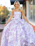 Lavender Floral Print Strapless Straight Neck Jacquard Oversized A-Line Ball Gown Prom Dress with Oversized Bow Waist Corset Bodice and Lace-Up Back