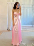 Pink Strapless Sweetheart Satin A-Line Prom Dress with Twist Bow Cutout Bust Double Side Cutout Waist Open Back Bow Tie and Tea Length