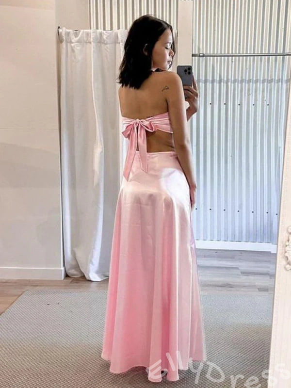 Pink Strapless Sweetheart Satin A-Line Prom Dress with Twist Bow Cutout Bust Double Side Cutout Waist Open Back Bow Tie and Tea Length