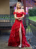 Red Off-Shoulder Short Sleeve Sweetheart Sequin Lace Embroidered Tiered Ruffle Prom Dress with 3D Floral Sleeves Sheer Corset Bodice Front Slit Five-Layer Skirt Lace-Up Back and Sweep Train