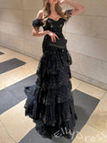 Red Off-Shoulder Short Sleeve Sweetheart Sequin Lace Embroidered Tiered Ruffle Prom Dress with 3D Floral Sleeves Sheer Corset Bodice Front Slit Five-Layer Skirt Lace-Up Back and Sweep Train