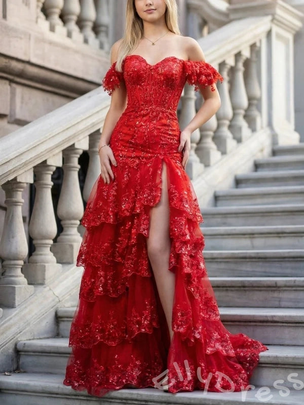 Red Off-Shoulder Short Sleeve Sweetheart Sequin Lace Embroidered Tiered Ruffle Prom Dress with 3D Floral Sleeves Sheer Corset Bodice Front Slit Five-Layer Skirt Lace-Up Back and Sweep Train