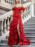 Red Off-Shoulder Short Sleeve Sweetheart Sequin Lace Embroidered Tiered Ruffle Prom Dress with 3D Floral Sleeves Sheer Corset Bodice Front Slit Five-Layer Skirt Lace-Up Back and Sweep Train