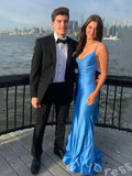 Ocean Blue Spaghetti Strap V-Neck Satin Mermaid Prom Dress with Ruched Back Open Back and Sweep Train