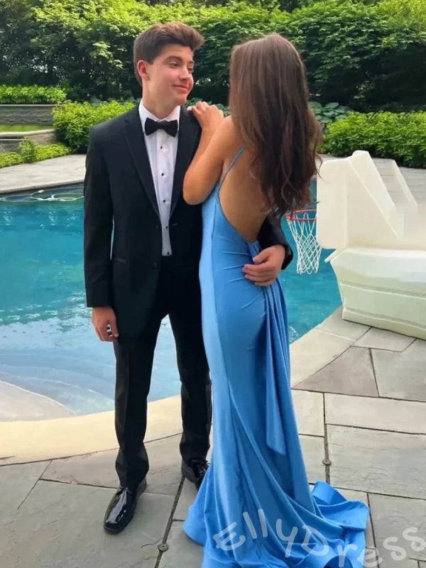 Ocean Blue Spaghetti Strap V-Neck Satin Mermaid Prom Dress with Ruched Back Open Back and Sweep Train