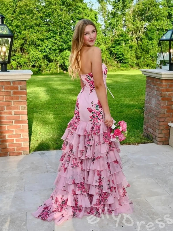 Pink Floral Print Strapless Satin Mermaid Prom Dress To Impress