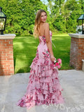 Pink Floral Print Strapless Satin Mermaid Prom Dress To Impress