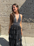 Black Glitter Halter Deep V-Neck Tiered Cake Skirt Prom Dress with Crossover Cutout Waist High Slit and Open Back