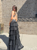 Black Glitter Halter Deep V-Neck Tiered Cake Skirt Prom Dress with Crossover Cutout Waist High Slit and Open Back