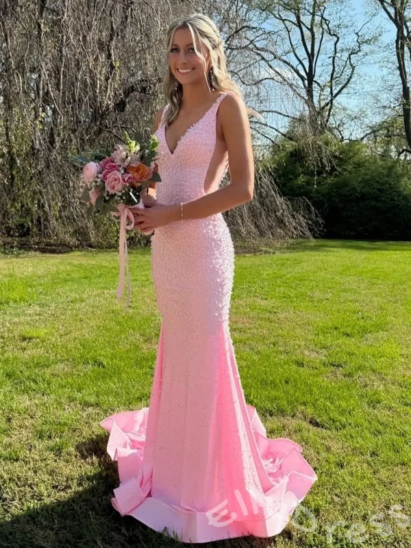Blush Pink Wide Strap Deep V-Neck Full Pearl Beaded Sequin Embroidered Fitted Mermaid Prom Dress with Cinched Waist Low V Back and Sweep Train