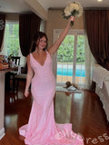 Blush Pink Wide Strap Deep V-Neck Full Pearl Beaded Sequin Embroidered Fitted Mermaid Prom Dress with Cinched Waist Low V Back and Sweep Train