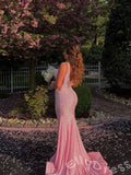 Blush Pink Wide Strap Deep V-Neck Full Pearl Beaded Sequin Embroidered Fitted Mermaid Prom Dress with Cinched Waist Low V Back and Sweep Train