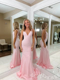 Blush Pink Wide Strap Deep V-Neck Full Pearl Beaded Sequin Embroidered Fitted Mermaid Prom Dress with Cinched Waist Low V Back and Sweep Train