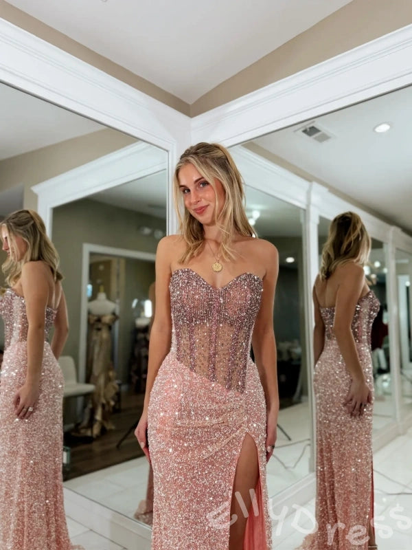 Antique Gold Strapless Sweetheart Full Sequin Floral Embroidered Mermaid Prom Dress with Lace-Up Corset Back Open Back and Sweep Train