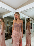 Antique Gold Strapless Sweetheart Full Sequin Floral Embroidered Mermaid Prom Dress with Lace-Up Corset Back Open Back and Sweep Train