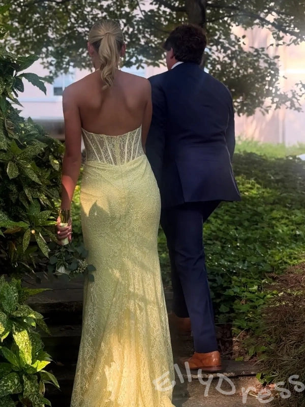 Lemon Yellow Halter Deep V-Neck Full Lace Mermaid Prom Dress with Sheer Boned Corset Bodice Floral Embroidery Open Back and Sweep Train