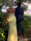 Lemon Yellow Halter Deep V-Neck Full Lace Mermaid Prom Dress with Sheer Boned Corset Bodice Floral Embroidery Open Back and Sweep Train