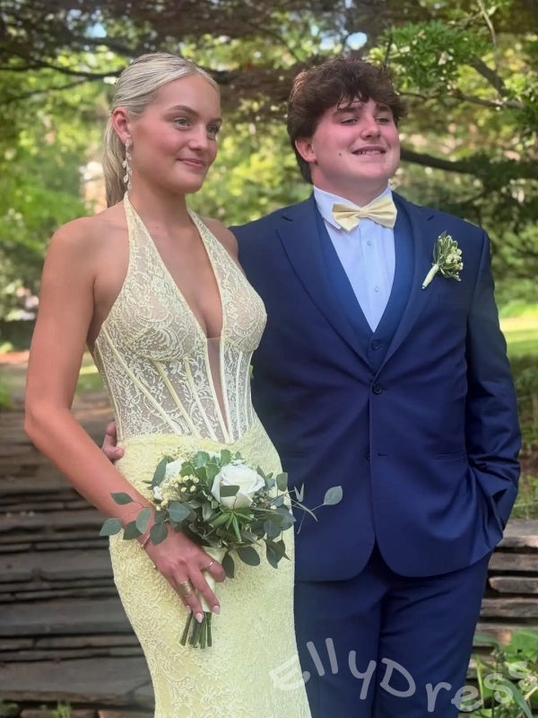 Lemon Yellow Halter Deep V-Neck Full Lace Mermaid Prom Dress with Sheer Boned Corset Bodice Floral Embroidery Open Back and Sweep Train