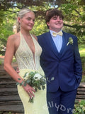 Lemon Yellow Halter Deep V-Neck Full Lace Mermaid Prom Dress with Sheer Boned Corset Bodice Floral Embroidery Open Back and Sweep Train