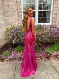 Fuchsia Magenta Wide Strap Deep V-Neck Full Sequin Embroidered Mermaid Prom Dress with Tropical Leaf Pattern Iridescent Multi-Color Shimmer Open Back and Sweep Train