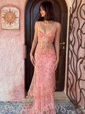 Coral Pink Spaghetti Strap Sweetheart Sheer Lace Mermaid Prom Dress with 3D Floral Embroidery Tiered Hem Corset Back and Sweep Train