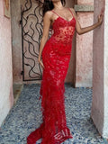 Red Spaghetti Strap Sweetheart Sequin Lace Mermaid Prom Dress with Sheer Waist Tiered Skirt and Sweep Train