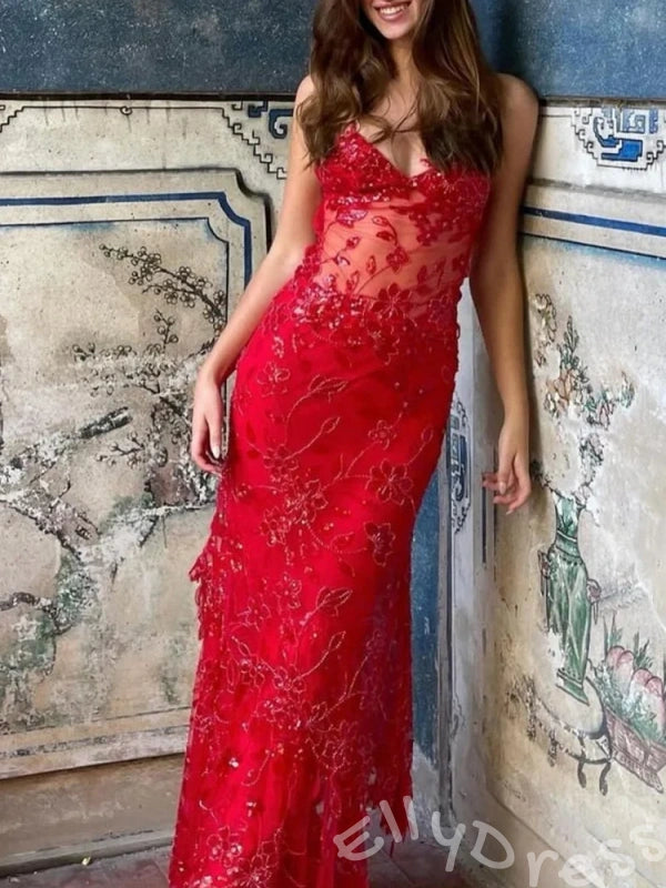 Red Spaghetti Strap Sweetheart Sequin Lace Mermaid Prom Dress with Sheer Waist Tiered Skirt and Sweep Train