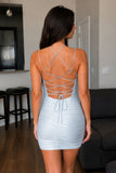 Sweetheart Blue Spaghetti Straps Short Homecoming Dress with Criss Cross Back
