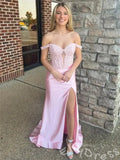 Blush Pink Off-Shoulder Sweetheart Sheer Lace Corset Satin Mermaid Prom Dress with Ruched Side High Slit and Lace-Up Back
