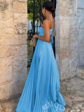 Popular A-Line Satin Halter Blue  Long Prom Dress With Lace-up