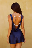 Royal Blue Satin Cowl Back Pearl Strap Homecoming Bodycon Mini Dress