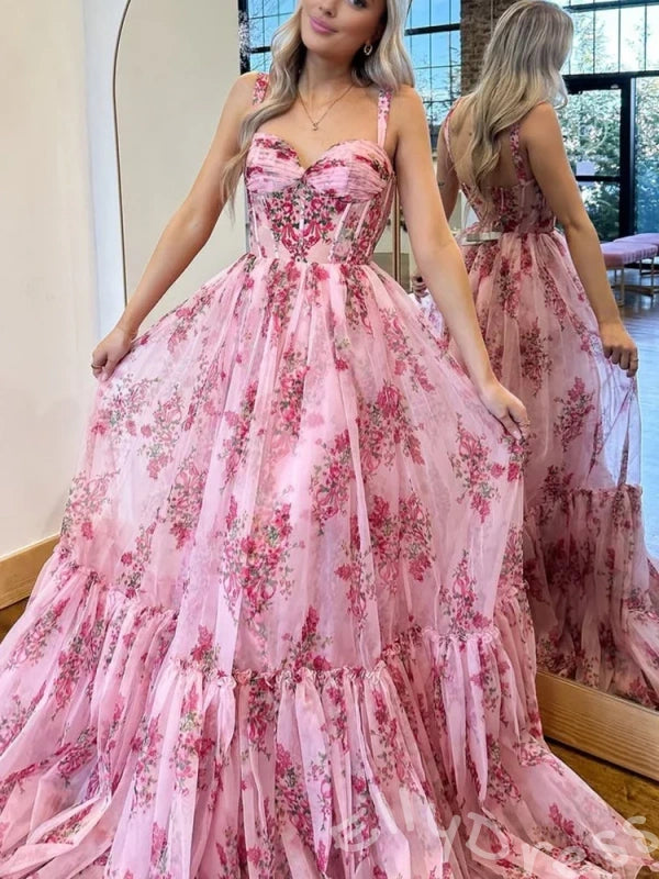 Pink Rose Floral Print Spagehhti Straps Chiffon A-Line Prom Dress with Flower