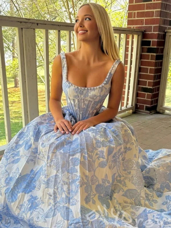 Sky Blue Floral Print Spagehhti Straps Satin A-Line Prom Dress with Flower