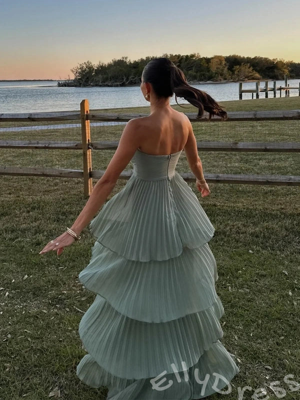 Sage Green Strapless Sweetheart Chiffon Tiered Cake Prom Dress with Ruched Twist Bust Four-Layer Pleated Ruffle Skirt and Open Back