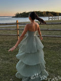 Sage Green Strapless Sweetheart Chiffon Tiered Cake Prom Dress with Ruched Twist Bust Four-Layer Pleated Ruffle Skirt and Open Back