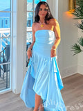 Daffodil Yellow Strapless Straight Neck Chiffon Sheath Prom Dress with Three-Layer Asymmetric Ruffle Hem Hi-Low Design High Slit and Lace-Up Corset Back