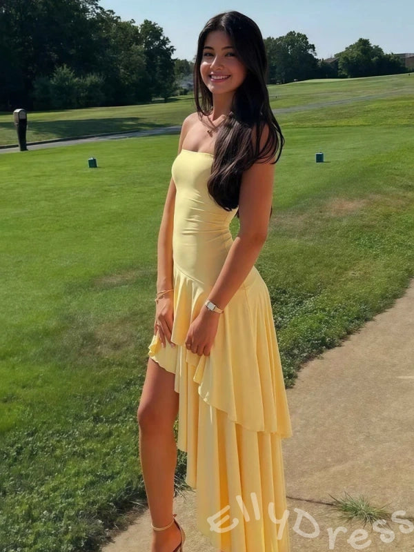 Daffodil Yellow Strapless Straight Neck Chiffon Sheath Prom Dress with Three-Layer Asymmetric Ruffle Hem Hi-Low Design High Slit and Lace-Up Corset Back