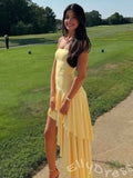 Daffodil Yellow Strapless Straight Neck Chiffon Sheath Prom Dress with Three-Layer Asymmetric Ruffle Hem Hi-Low Design High Slit and Lace-Up Corset Back
