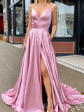 Dusty Rose Spaghetti Strap Deep V-Neck Satin A-Line Prom Dress with High Slit Open Back Criss Cross Straps and Sweep Train