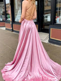 Dusty Rose Spaghetti Strap Deep V-Neck Satin A-Line Prom Dress with High Slit Open Back Criss Cross Straps and Sweep Train
