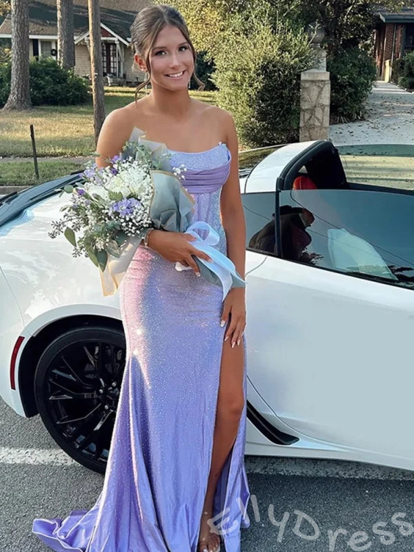 Dusty Blue Strapless Corset Rhinestone Mermaid Prom Dress with Draped Bust High Slit Lace-Up Back and Sweep Train